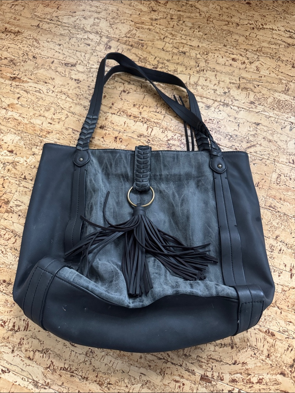 STEVEN Grey Tassel Tote Bag with Braided Straps - Women